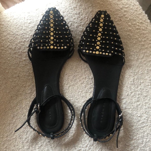Zara black leather and gold studded sandals size 38
